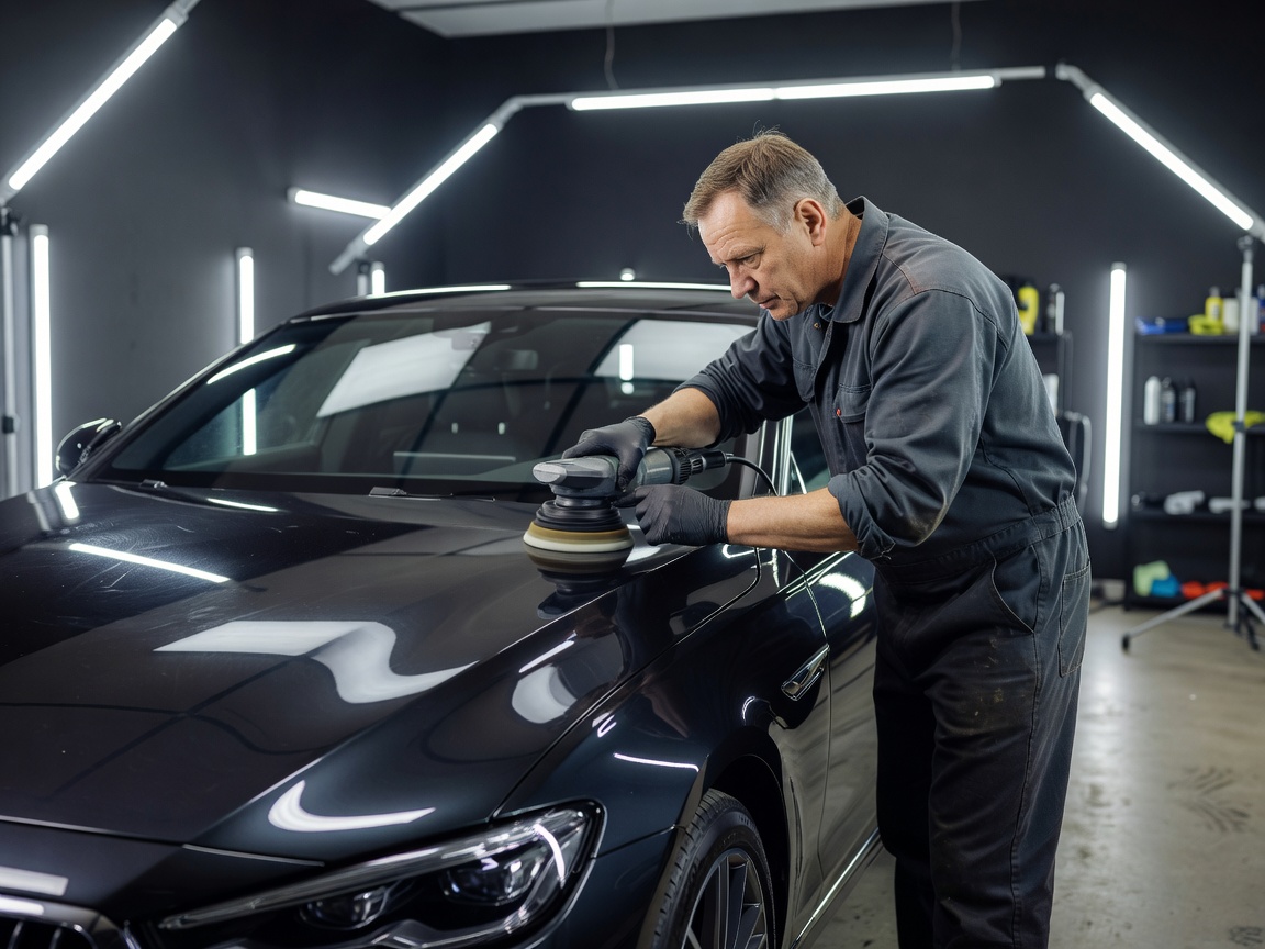 Autonhoitaja työstämässä auton maalipintaa detailing-valojen alla