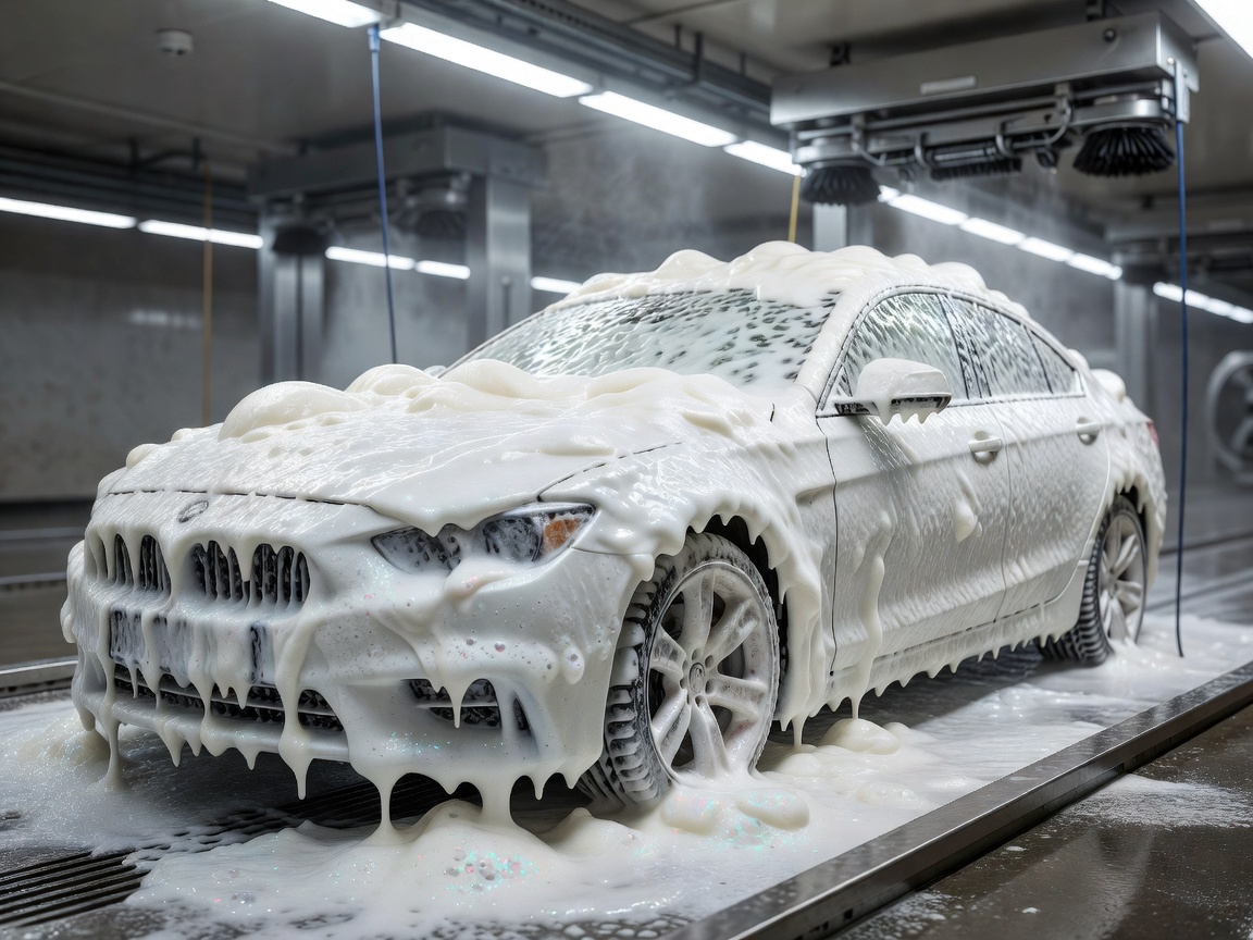 Valkoinen auto pesuhallissa paksun pesuvaahdon peitossa